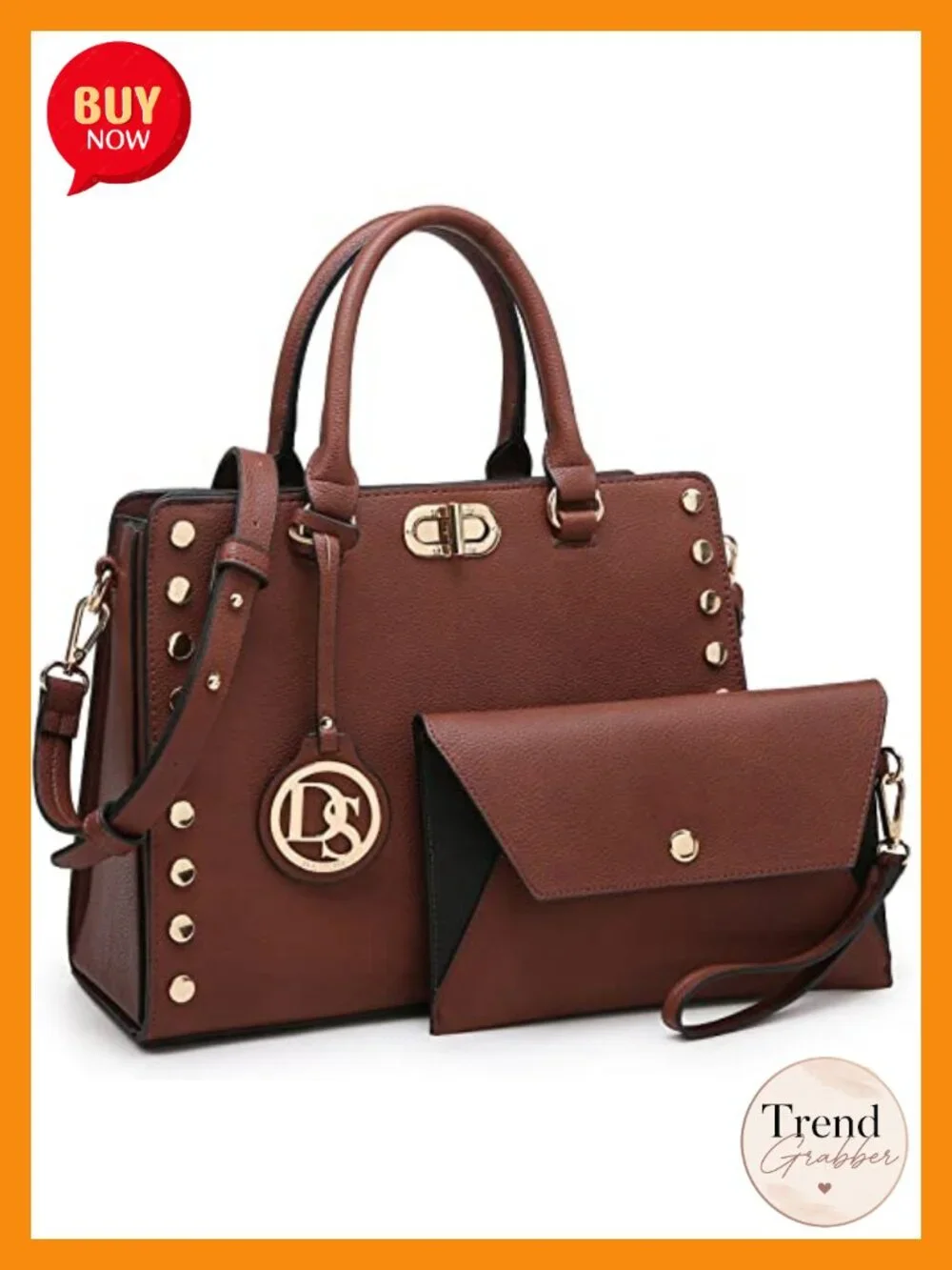 Vegan Leather Satchel Handbag with Matching Clutch - 2 Pieces Set Work Tote